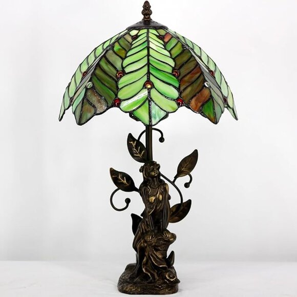 Tiffany Style Table Lamp Stained Glass Lamp Sculpture Green Amber Coconut Tree - Picture 3 of 5